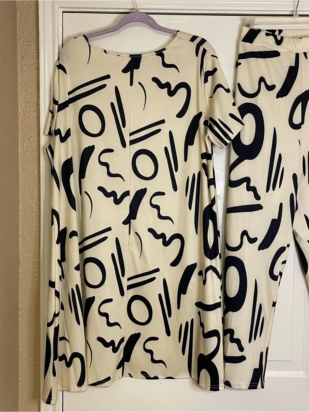 Cream and Black Abstract Print Pants Set